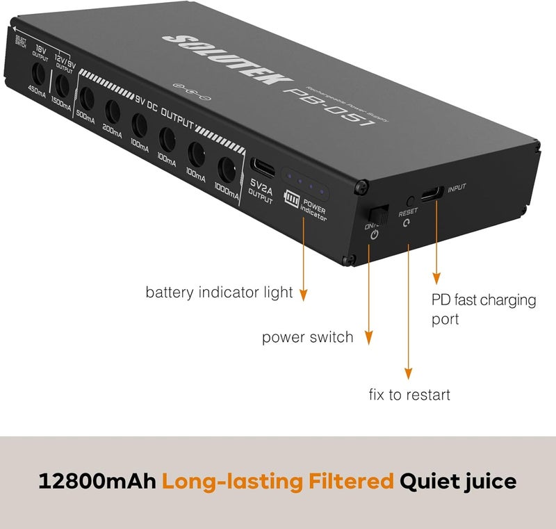 SOLUTEK Rechargeable Guitar Pedal Power Supply | 12800 High-Current 2000mA 9V 12V 18V 5V for Pedal Board and More Devices | Compact Convenient Quiet Powerful Model PB-051 - Image 4